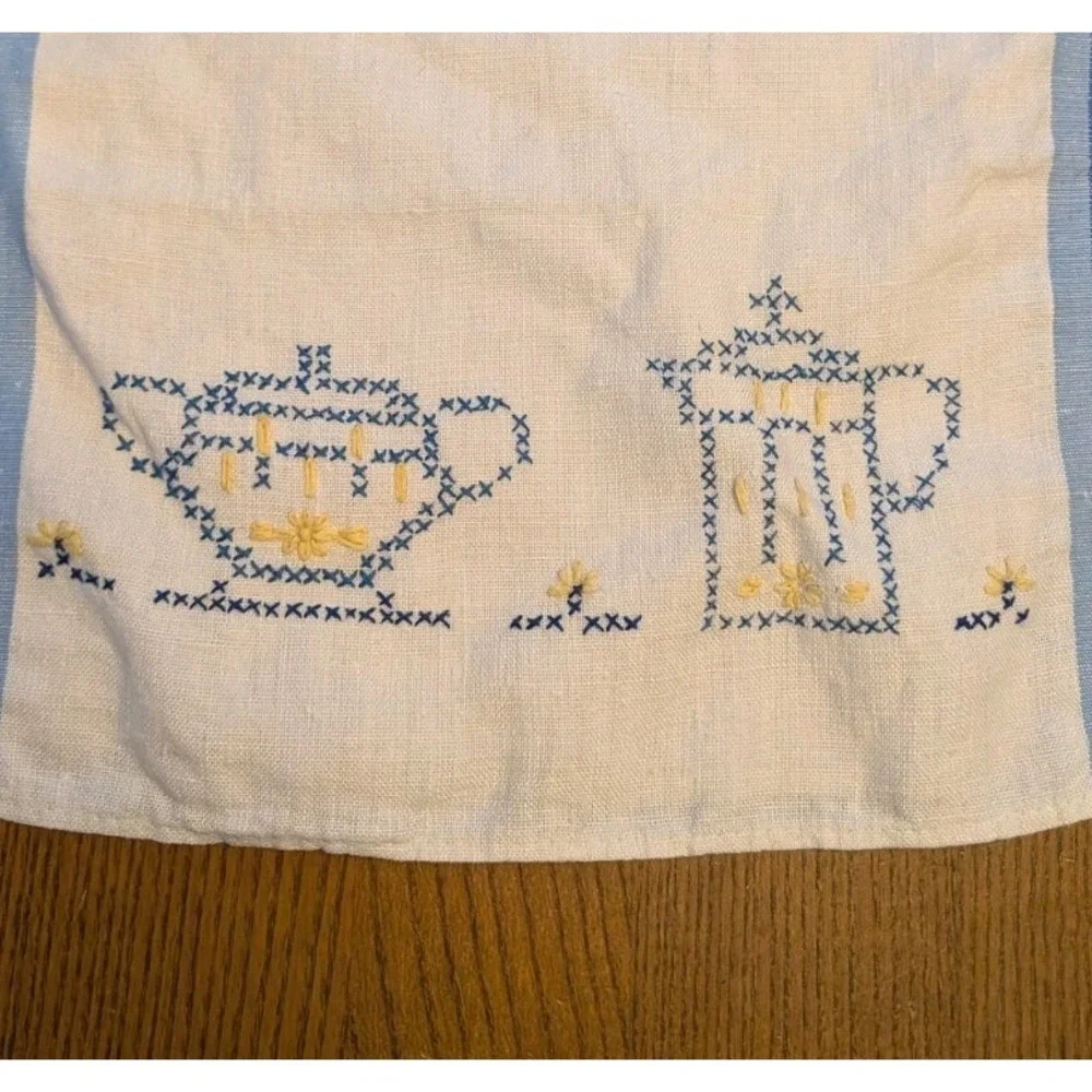 Vtg Cross‎ Stitch Embroidered Tea Towel White Blue Linen Coffee Sugar